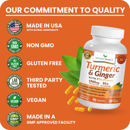 Kurkuma und Ingwer Kapseln für Gelenkunterstützung & Muskelkomfort – 1960 mg Bio Kurkuma Curcumin mit BioPerin Schwarzer Pfeffer Extrakt für Männer & Frauen, 95% Curcuminoide, Vegan & Nicht-GMO – 90 Kapseln