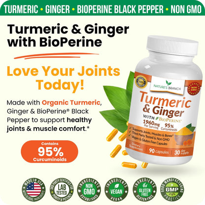 Kurkuma und Ingwer Kapseln für Gelenkunterstützung & Muskelkomfort – 1960 mg Bio Kurkuma Curcumin mit BioPerin Schwarzer Pfeffer Extrakt für Männer & Frauen, 95% Curcuminoide, Vegan & Nicht-GMO – 90 Kapseln