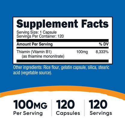 Nutricost Vitamin B1 (Thiamin) 100mg, 120 Kapseln - Glutenfrei und Nicht-GVO