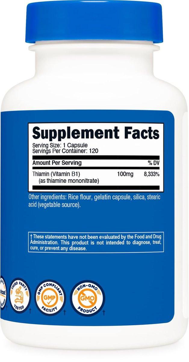 Nutricost Vitamin B1 (Thiamin) 100mg, 120 Kapseln - Glutenfrei und Nicht-GVO