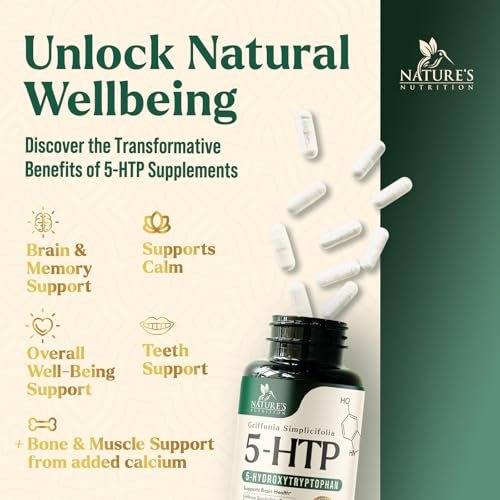 5-HTP Kapseln, 180 mg pro Portion – 5 HTP Supplement plus Calcium für Gehirngesundheit & Schlafunterstützung, Extra starke Griffonia Simplicifolia 5-HTP Formel, 5HTP, in den USA abgefüllt – 60 Kapseln