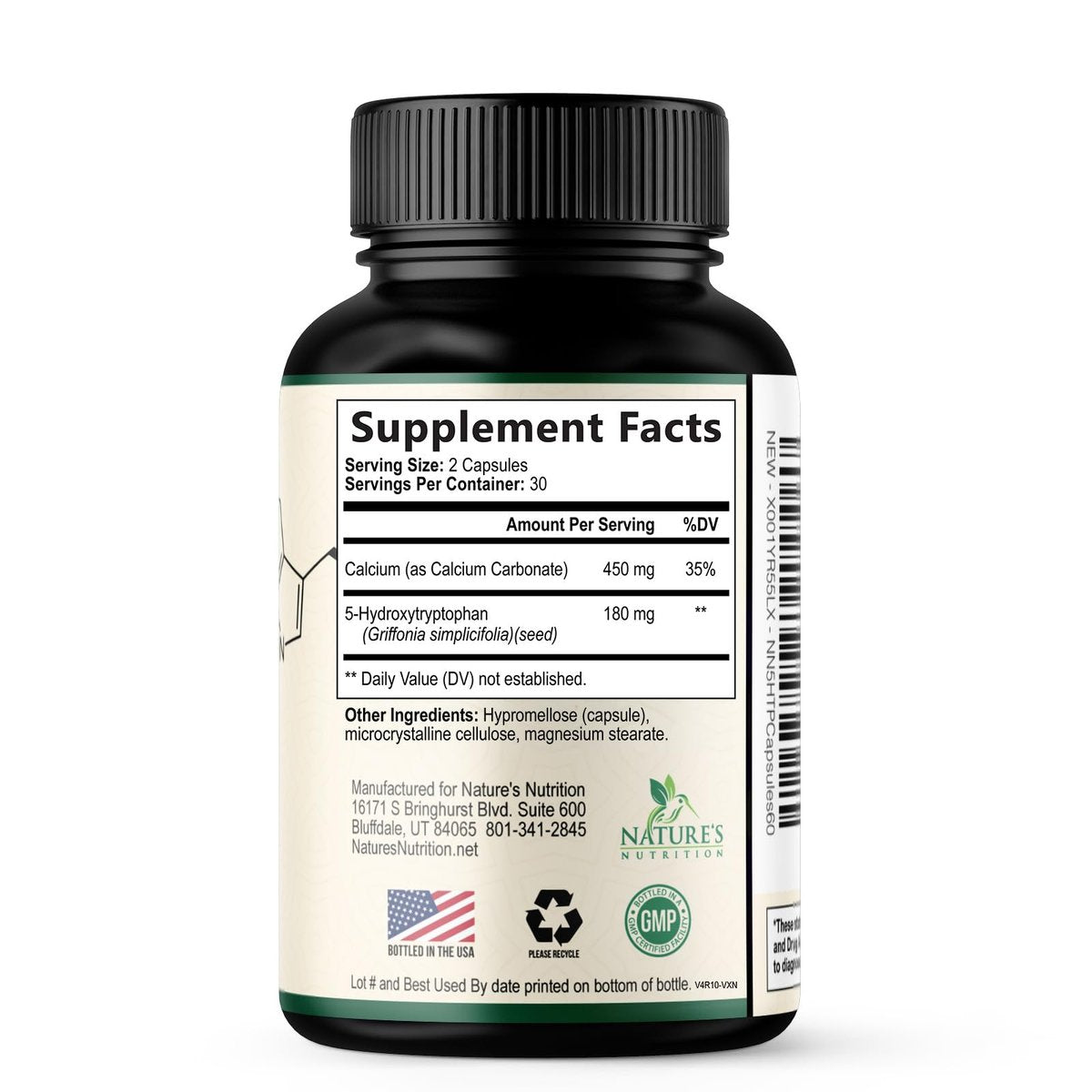 5-HTP Kapseln, 180 mg pro Portion – 5 HTP Supplement plus Calcium für Gehirngesundheit & Schlafunterstützung, Extra starke Griffonia Simplicifolia 5-HTP Formel, 5HTP, in den USA abgefüllt – 60 Kapseln