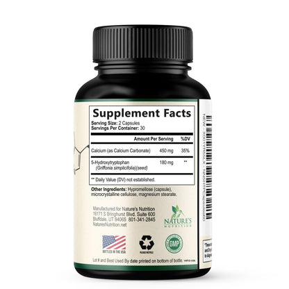 5-HTP Kapseln, 180 mg pro Portion – 5 HTP Supplement plus Calcium für Gehirngesundheit & Schlafunterstützung, Extra starke Griffonia Simplicifolia 5-HTP Formel, 5HTP, in den USA abgefüllt – 60 Kapseln