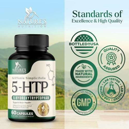 5-HTP Kapseln, 180 mg pro Portion – 5 HTP Supplement plus Calcium für Gehirngesundheit & Schlafunterstützung, Extra starke Griffonia Simplicifolia 5-HTP Formel, 5HTP, in den USA abgefüllt – 60 Kapseln