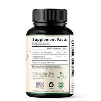 5-HTP Kapseln, 180 mg pro Portion – 5 HTP Supplement plus Calcium für Gehirngesundheit & Schlafunterstützung, Extra starke Griffonia Simplicifolia 5-HTP Formel, 5HTP, in den USA abgefüllt – 60 Kapseln