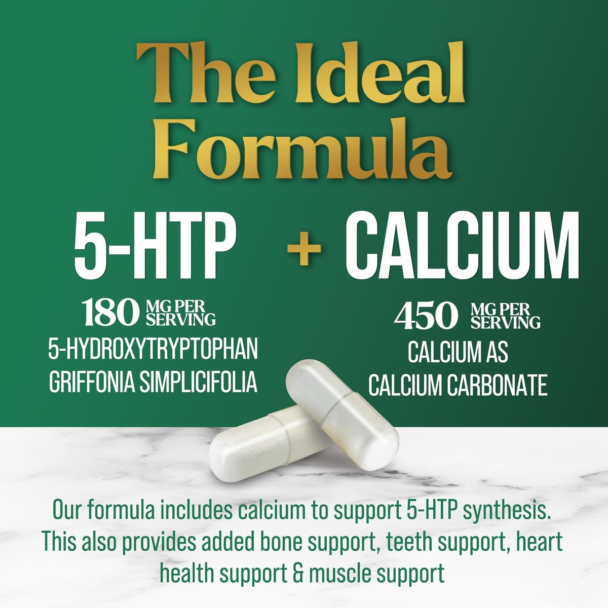 5-HTP Kapseln, 180 mg pro Portion – 5 HTP Supplement plus Calcium für Gehirngesundheit & Schlafunterstützung, Extra starke Griffonia Simplicifolia 5-HTP Formel, 5HTP, in den USA abgefüllt – 60 Kapseln