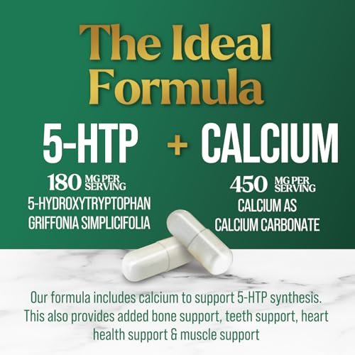 5-HTP Kapseln, 180 mg pro Portion – 5 HTP Supplement plus Calcium für Gehirngesundheit & Schlafunterstützung, Extra starke Griffonia Simplicifolia 5-HTP Formel, 5HTP, in den USA abgefüllt – 60 Kapseln