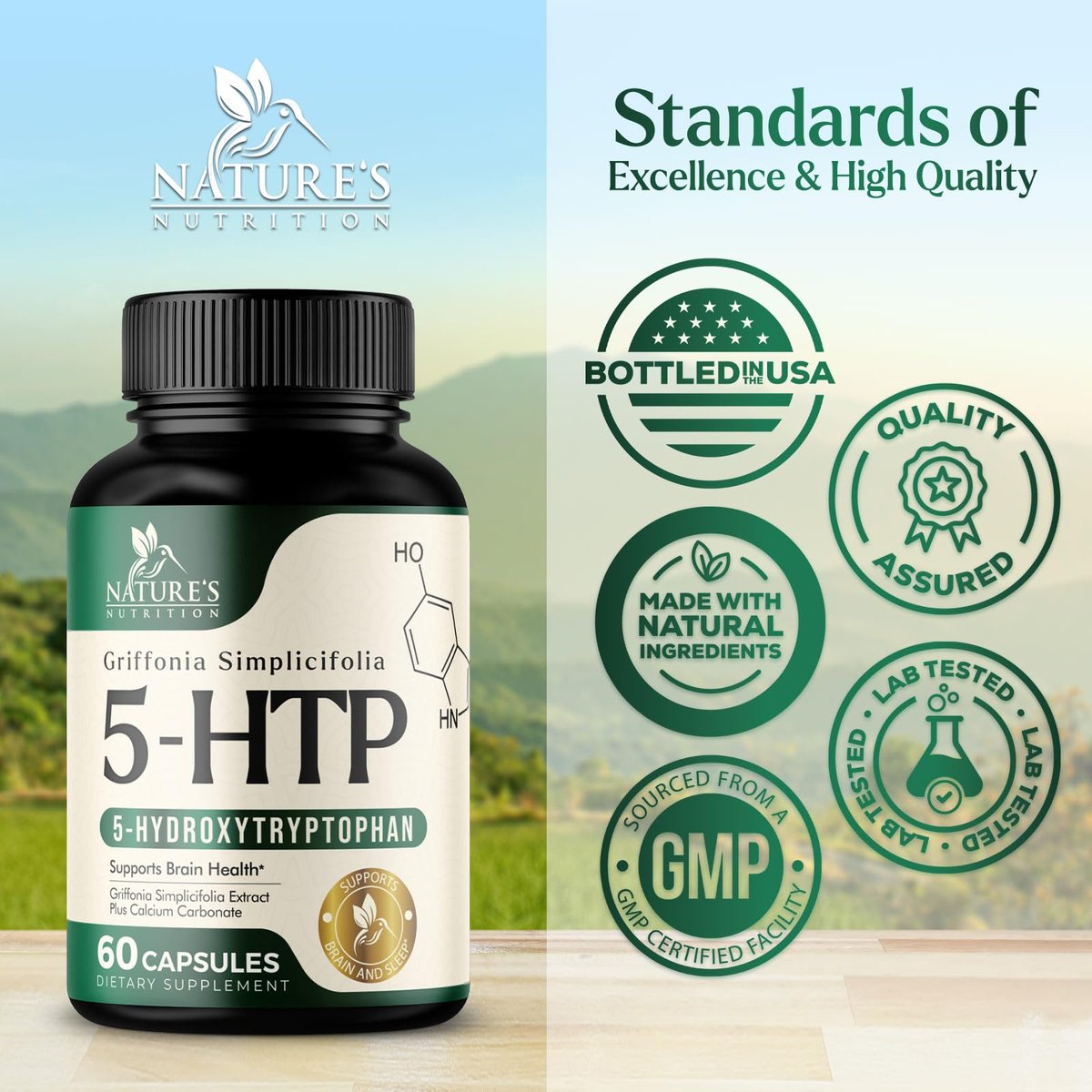 5-HTP Kapseln, 180 mg pro Portion – 5 HTP Supplement plus Calcium für Gehirngesundheit & Schlafunterstützung, Extra starke Griffonia Simplicifolia 5-HTP Formel, 5HTP, in den USA abgefüllt – 60 Kapseln