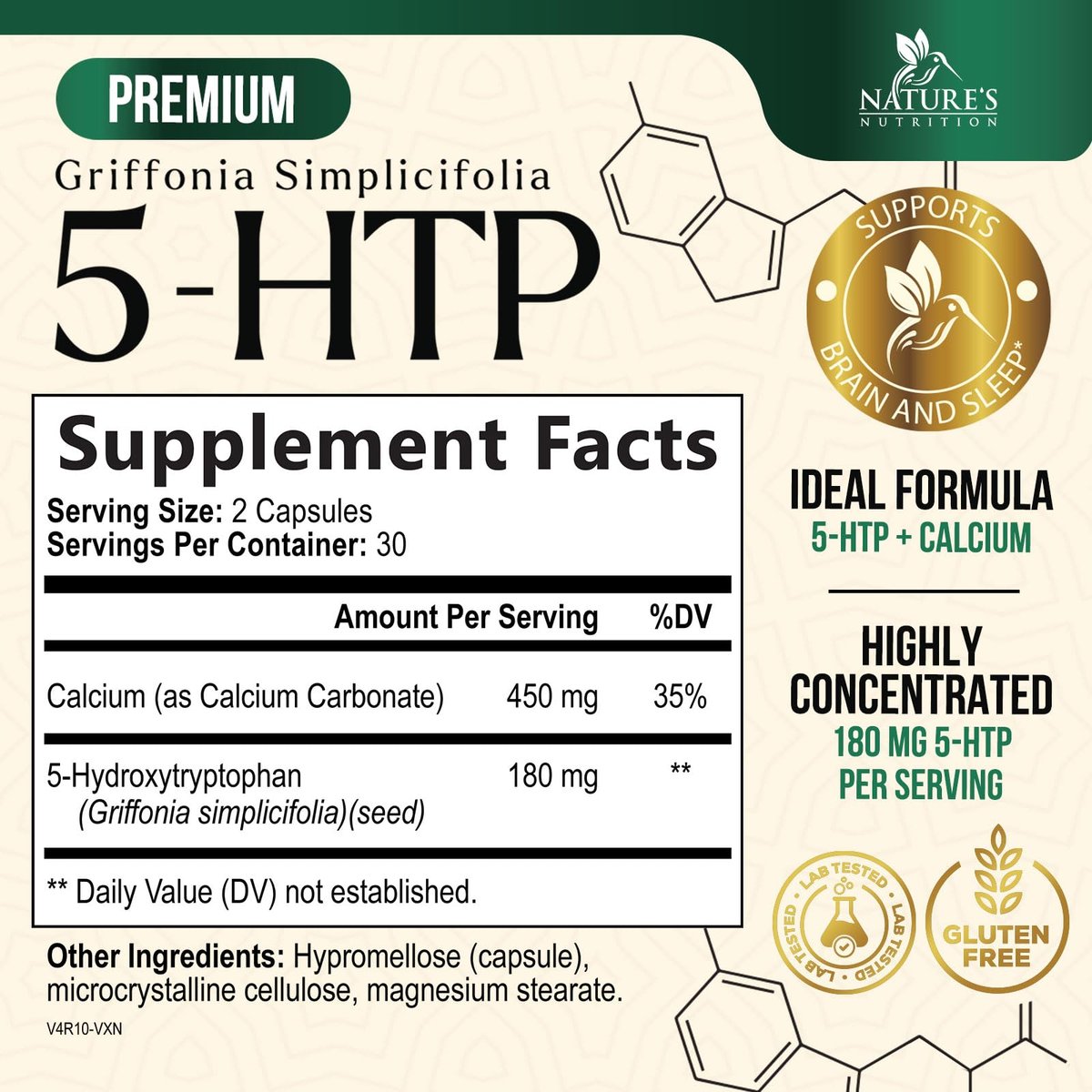 5-HTP Kapseln, 180 mg pro Portion – 5 HTP Supplement plus Calcium für Gehirngesundheit & Schlafunterstützung, Extra starke Griffonia Simplicifolia 5-HTP Formel, 5HTP, in den USA abgefüllt – 60 Kapseln