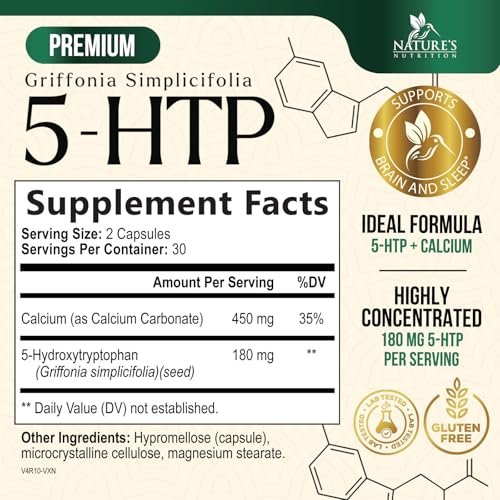 5-HTP Kapseln, 180 mg pro Portion – 5 HTP Supplement plus Calcium für Gehirngesundheit & Schlafunterstützung, Extra starke Griffonia Simplicifolia 5-HTP Formel, 5HTP, in den USA abgefüllt – 60 Kapseln