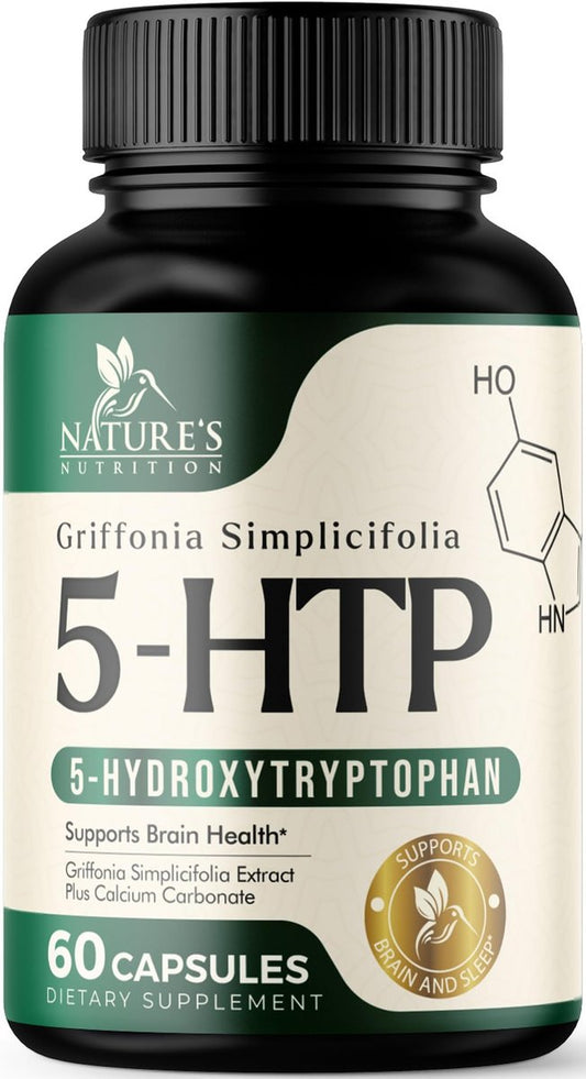 5-HTP Kapseln, 180 mg pro Portion – 5 HTP Supplement plus Calcium für Gehirngesundheit & Schlafunterstützung, Extra starke Griffonia Simplicifolia 5-HTP Formel, 5HTP, in den USA abgefüllt – 60 Kapseln