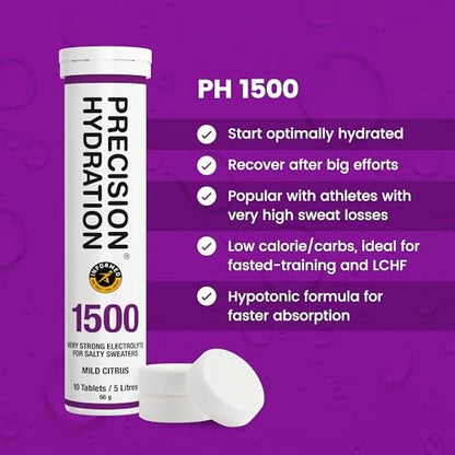 Precision Hydration Elektrolyt-Tabletten – Mehrfachstärke Brausetabletten gegen Krämpfe – Kalorienarm, glutenfrei, vegan/vegetarisch (1 Tube, 1500 mg/L – Lila Tube)