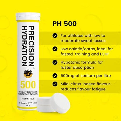 Precision Hydration Elektrolyt-Tabletten – Mehrfachstärke, Brausetabletten gegen Krämpfe, Kalorienarm, Glutenfrei, Vegan/Vegetarisch (1 Tube, 500mg/L – Gelbe Tube)