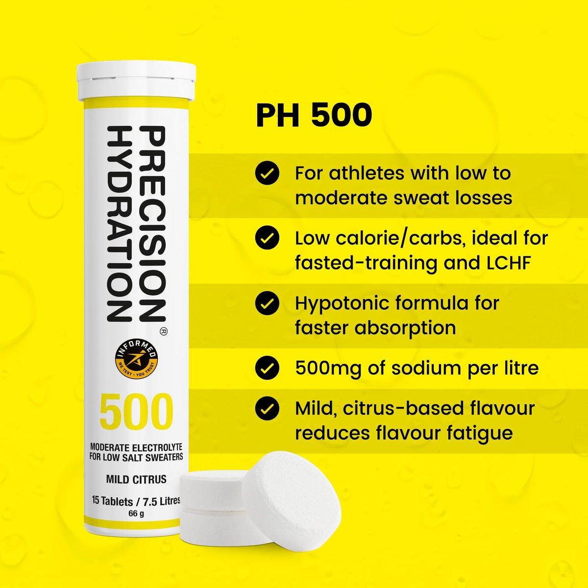 Precision Hydration Elektrolyt-Tabletten – Mehrfachstärke, Brausetabletten gegen Krämpfe, Kalorienarm, Glutenfrei, Vegan/Vegetarisch (1 Tube, 500mg/L – Gelbe Tube)