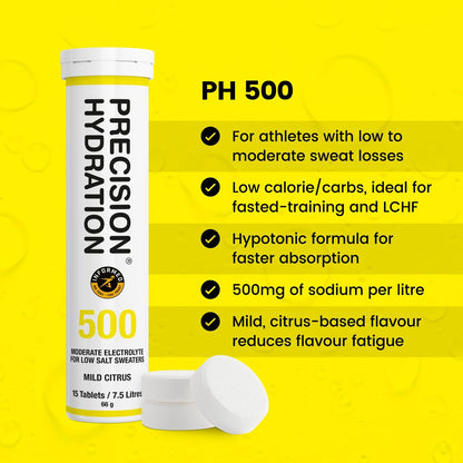 Precision Hydration Elektrolyt-Tabletten – Mehrfachstärke, Brausetabletten gegen Krämpfe, Kalorienarm, Glutenfrei, Vegan/Vegetarisch (1 Tube, 500mg/L – Gelbe Tube)
