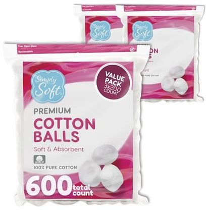 Simply Soft Premium Wattebällchen (600 Stück), 100% reine Baumwolle, große Wattebällchen für Gesicht und Nagellackentferner