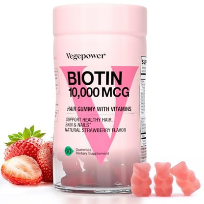 VEGEPOWER Biotin Gummies 10000mcg – Vegane Biotin Vitamine für Haarwachstum, gesunde Haut & Nägel, für Frauen & Männer – Nicht-GMO, 60 Stück