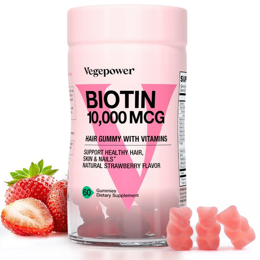 VEGEPOWER Biotin Gummies 10000mcg – Vegane Biotin Vitamine für Haarwachstum, gesunde Haut & Nägel, für Frauen & Männer – Nicht-GMO, 60 Stück