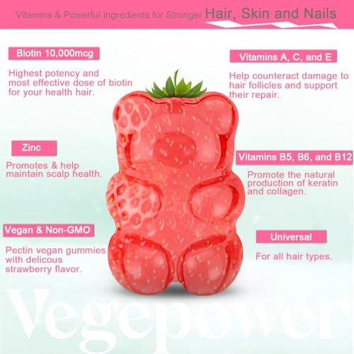 VEGEPOWER Biotin Gummies 10000mcg – Vegane Biotin Vitamine für Haarwachstum, gesunde Haut & Nägel, für Frauen & Männer – Nicht-GMO, 60 Stück