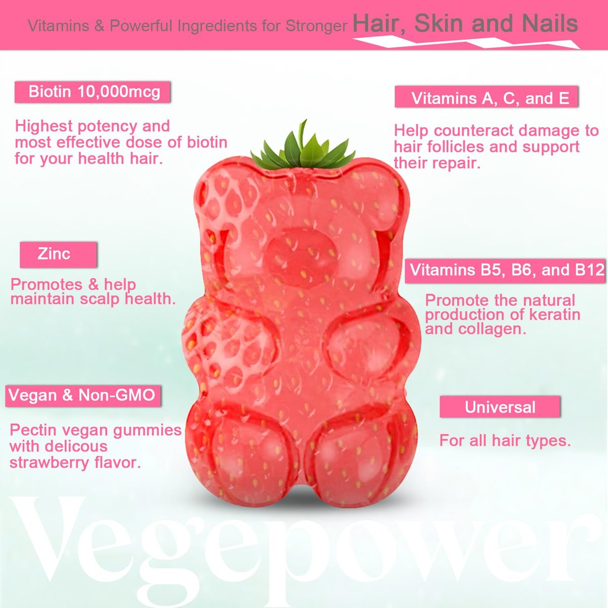 VEGEPOWER Biotin Gummies 10000mcg – Vegane Biotin Vitamine für Haarwachstum, gesunde Haut & Nägel, für Frauen & Männer – Nicht-GMO, 60 Stück