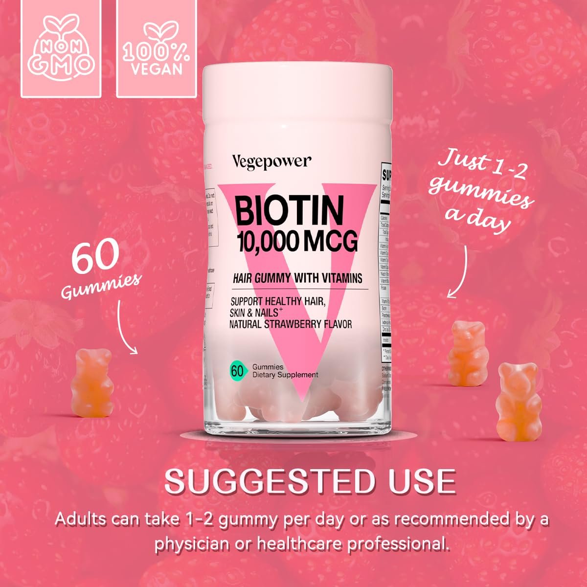 VEGEPOWER Biotin Gummies 10000mcg – Vegane Biotin Vitamine für Haarwachstum, gesunde Haut & Nägel, für Frauen & Männer – Nicht-GMO, 60 Stück