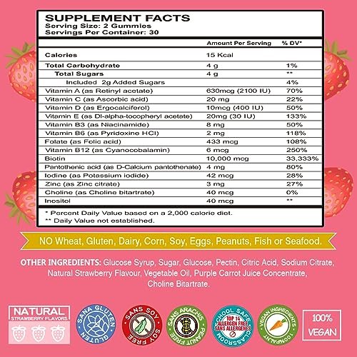 VEGEPOWER Biotin Gummies 10000mcg – Vegane Biotin Vitamine für Haarwachstum, gesunde Haut & Nägel, für Frauen & Männer – Nicht-GMO, 60 Stück