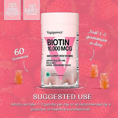 VEGEPOWER Biotin Gummies 10000mcg – Vegane Biotin Vitamine für Haarwachstum, gesunde Haut & Nägel, für Frauen & Männer – Nicht-GMO, 60 Stück