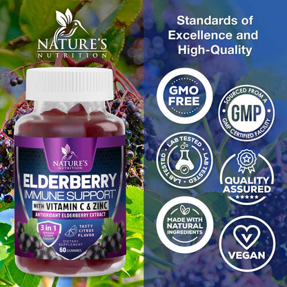 Elderberry Immun-Boost Gummis – 3-fach Stärke mit Holunderbeere, Vitamin C, D3 & Zink – 60 Gummis für Erwachsene & Kinder