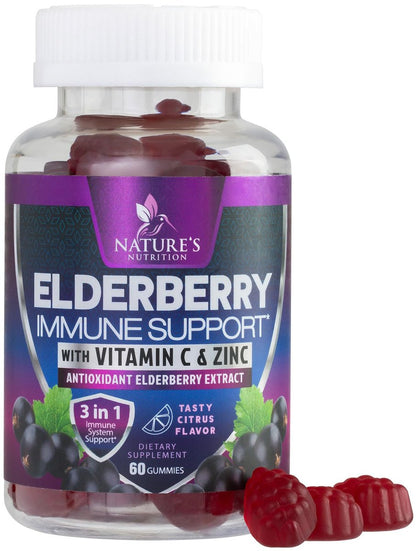 Elderberry Immun-Boost Gummis – 3-fach Stärke mit Holunderbeere, Vitamin C, D3 & Zink – 60 Gummis für Erwachsene & Kinder