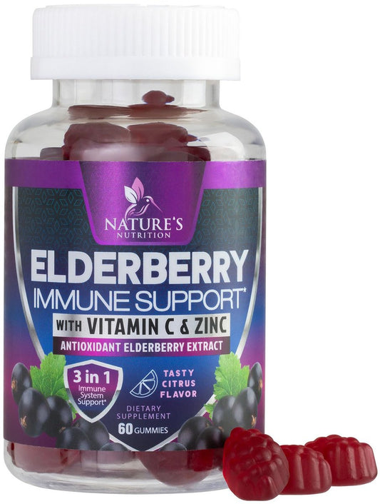 Elderberry Immun-Boost Gummis – 3-fach Stärke mit Holunderbeere, Vitamin C, D3 & Zink – 60 Gummis für Erwachsene & Kinder