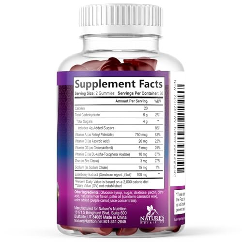 Holunderbeeren Immununterstützung Gummis - 3X Stärke Sambucus Holunder Gummi mit Vitamin C, D3 & Zink - Nature’s Schwarzer Holunder Extrakt - Immununterstützung für Erwachsene & Kinder - 120 Gummis