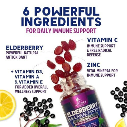 Elderberry Immun-Boost Gummis – 3-fach Stärke mit Holunderbeere, Vitamin C, D3 & Zink – 60 Gummis für Erwachsene & Kinder