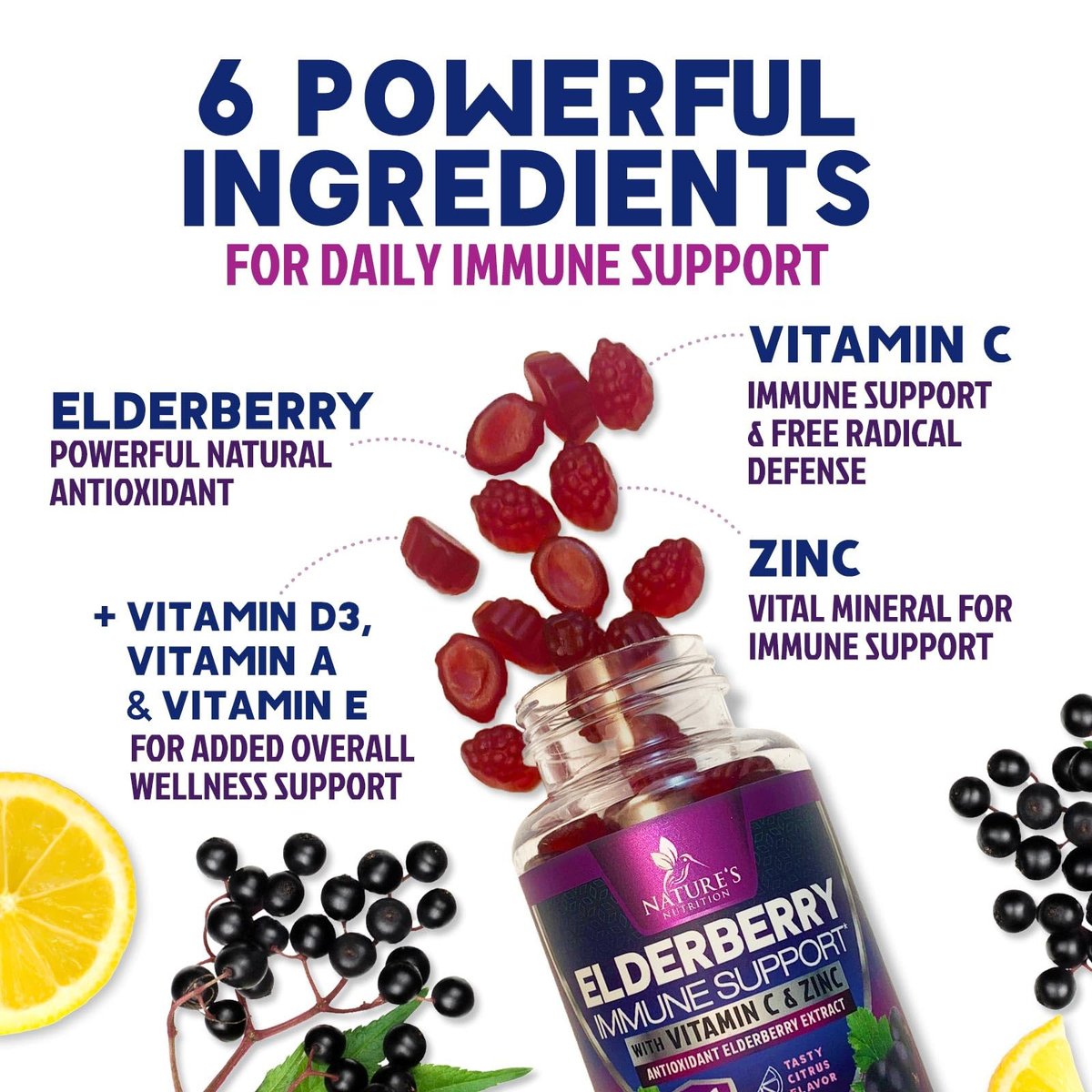 Elderberry Immun-Boost Gummis – 3-fach Stärke mit Holunderbeere, Vitamin C, D3 & Zink – 60 Gummis für Erwachsene & Kinder