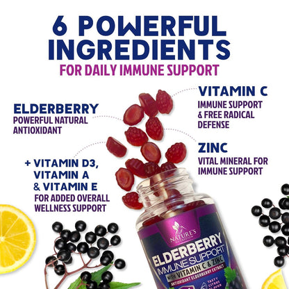 Elderberry Immun-Boost Gummis – 3-fach Stärke mit Holunderbeere, Vitamin C, D3 & Zink – 60 Gummis für Erwachsene & Kinder