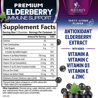 Elderberry Immun-Boost Gummis – 3-fach Stärke mit Holunderbeere, Vitamin C, D3 & Zink – 60 Gummis für Erwachsene & Kinder
