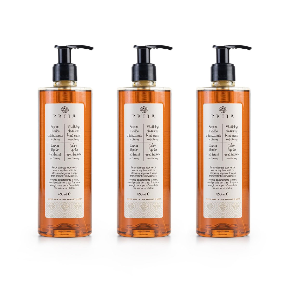 Prija Vitalisierende Handseife mit Ginseng-Extrakt – Sanfte Reinigung, feuchtigkeitsspendende Flüssigseife, vegan, mit belebendem Duft, 3 x 12,85 Fl. Oz