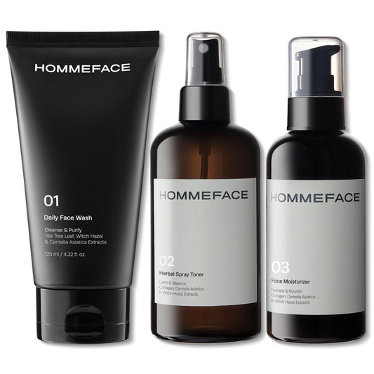 HommeFace Herren Daily Trio 3-Schritte-Routine-Set mit Gesichtsreiniger, Kräuter-Spray-Toner & Feuchtigkeitscreme - Koreanische Hautpflegetechnologie mit CICA, Teebaumblatt & Hamamelis-Extrakten, für alle Hauttypen