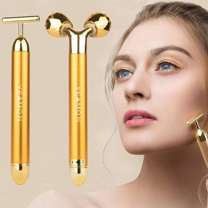 Yeamon 2-in-1 Gesichtsmassager Gold - Elektrischer 3D-Roller & T-förmiger Massager für Augen, Nase & Hautpflege