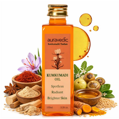 Auravedic Kumkumadi Gesichtsöl mit Safran | Ayurvedisches Leuchtöl für dunkle Flecken, fahle & unebene Haut | Leichtes, feuchtigkeitsspendendes Nachtöl für strahlend glatte Haut | 100 ml