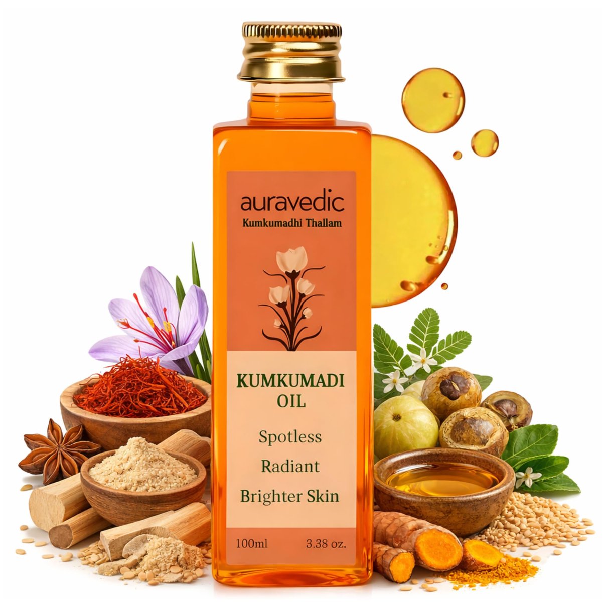 Auravedic Kumkumadi Gesichtsöl mit Safran | Ayurvedisches Leuchtöl für dunkle Flecken, fahle & unebene Haut | Leichtes, feuchtigkeitsspendendes Nachtöl für strahlend glatte Haut | 100 ml