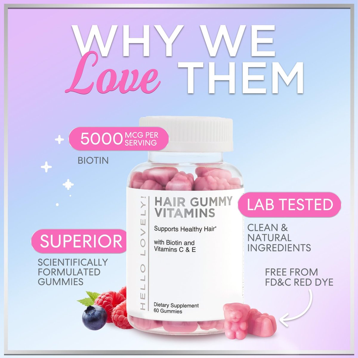 Haar-Vitamin Gummibärchen für Haarwachstum – Beauty-Komplex für Haare, Haut & Nägel mit 5000 mcg Biotin pro Portion – Fördert dichteres, stärkeres, strahlendes Haar für Frauen & Männer, Beerengeschmack – 60 Gummibärchen