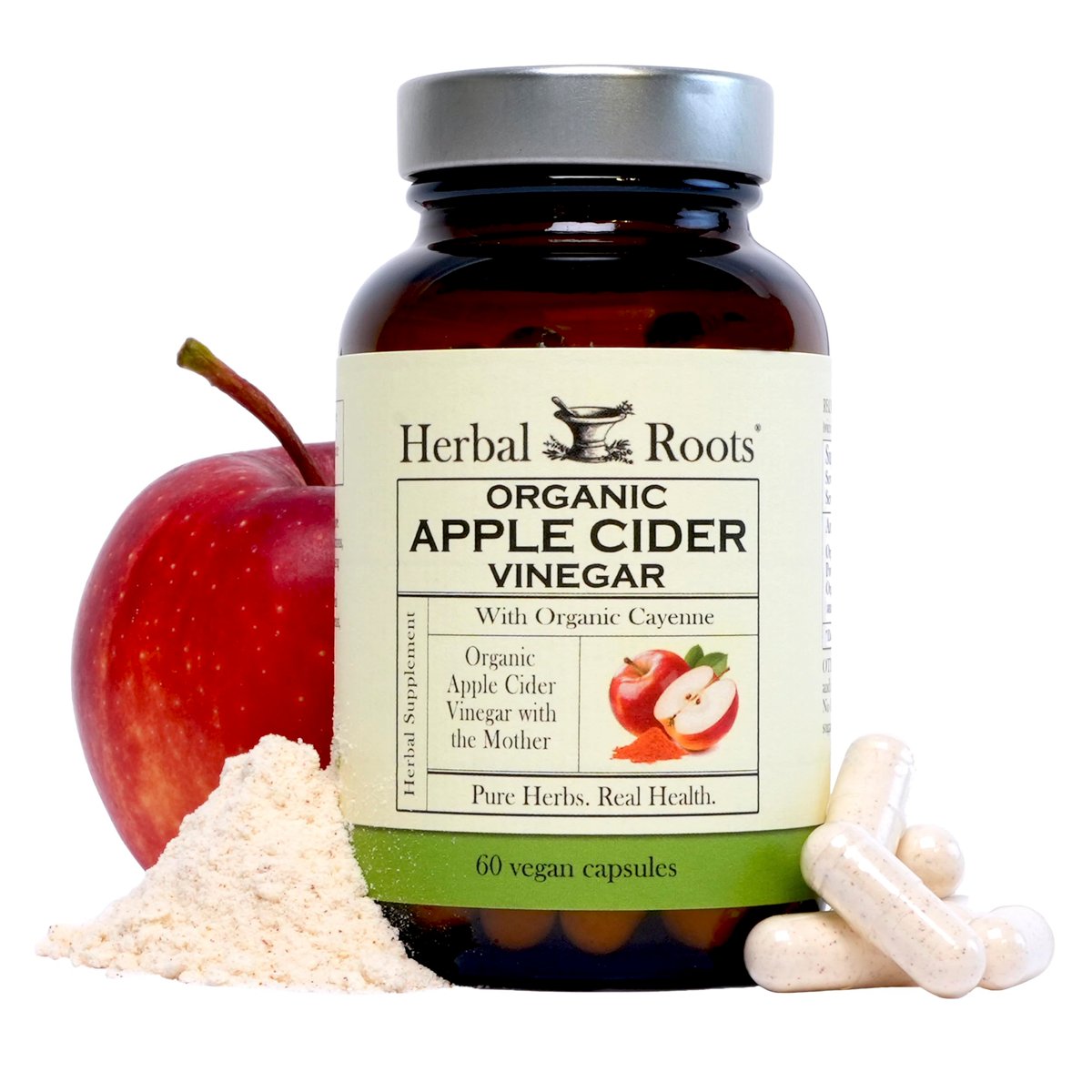 Herbal Roots Bio Apfelessig Kapseln mit Mutter und Bio Cayennepfeffer | 650 mg | 60 Vegane Kapseln