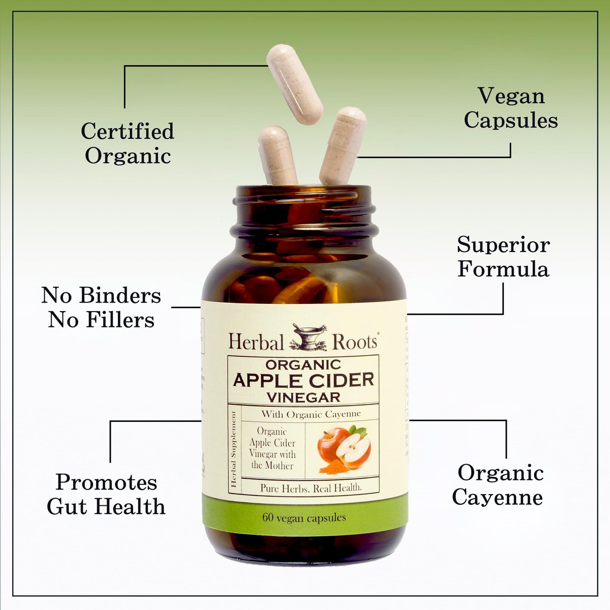 Herbal Roots Bio Apfelessig Kapseln mit Mutter und Bio Cayennepfeffer | 650 mg | 60 Vegane Kapseln