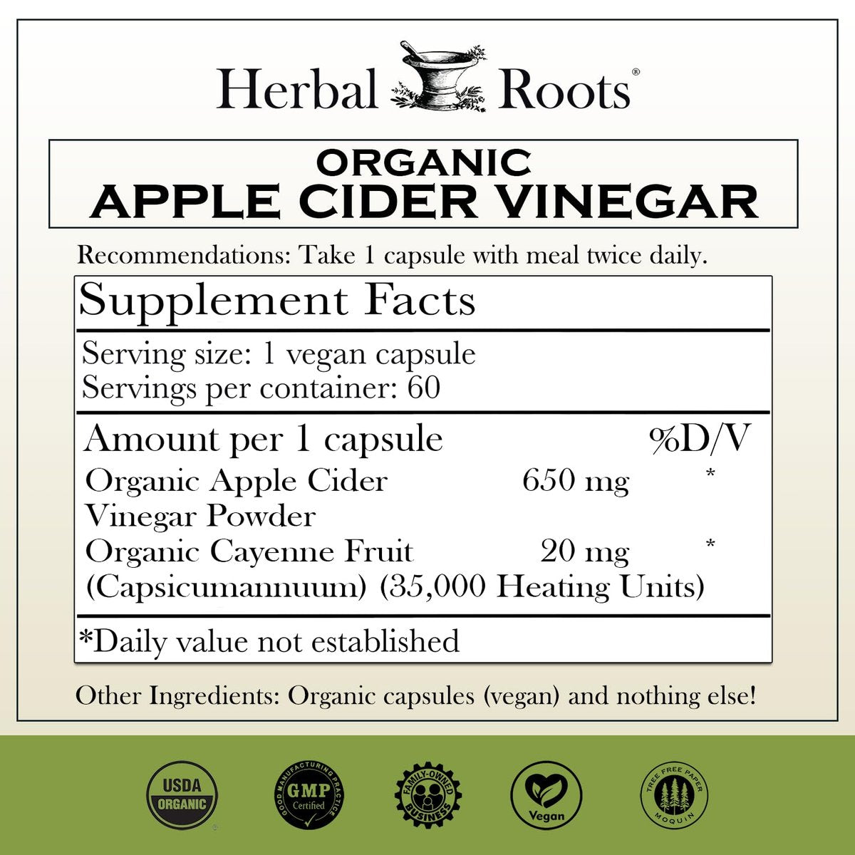 Herbal Roots Bio Apfelessig Kapseln mit Mutter und Bio Cayennepfeffer | 650 mg | 60 Vegane Kapseln