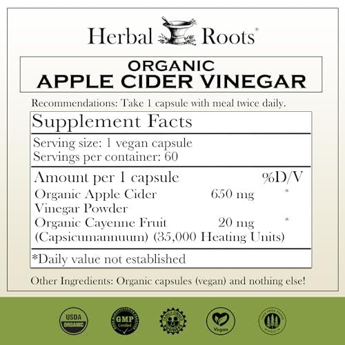 Herbal Roots Bio Apfelessig Kapseln mit Mutter und Bio Cayennepfeffer | 650 mg | 60 Vegane Kapseln