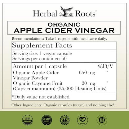 Herbal Roots Bio Apfelessig Kapseln mit Mutter und Bio Cayennepfeffer | 650 mg | 60 Vegane Kapseln