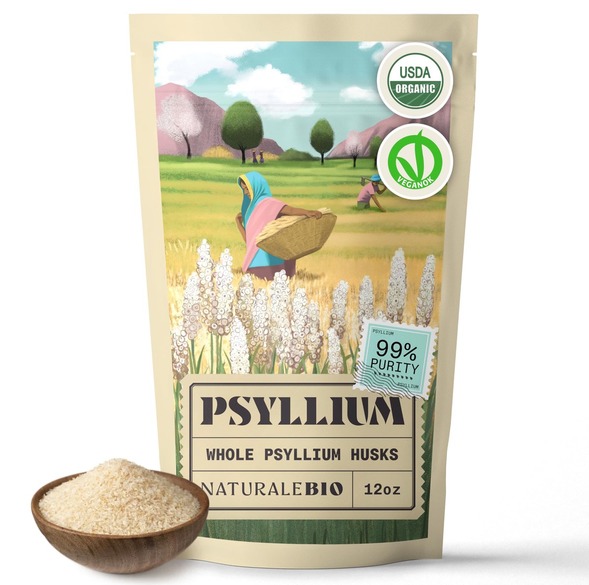 NaturaleBio Bio Ganzes Flohsamenschalenpulver 340g – 99% reine Flohsamenschalen, USDA Bio-zertifiziert, Isabgol-Ballaststoff für Keto, Paleo, Vegan & Glutenfrei