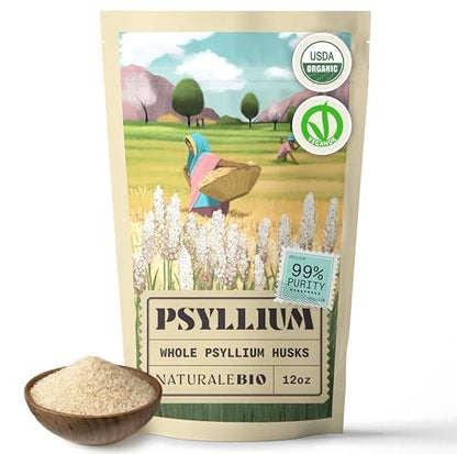 NaturaleBio Bio Ganzes Flohsamenschalenpulver 340g – 99% reine Flohsamenschalen, USDA Bio-zertifiziert, Isabgol-Ballaststoff für Keto, Paleo, Vegan & Glutenfrei