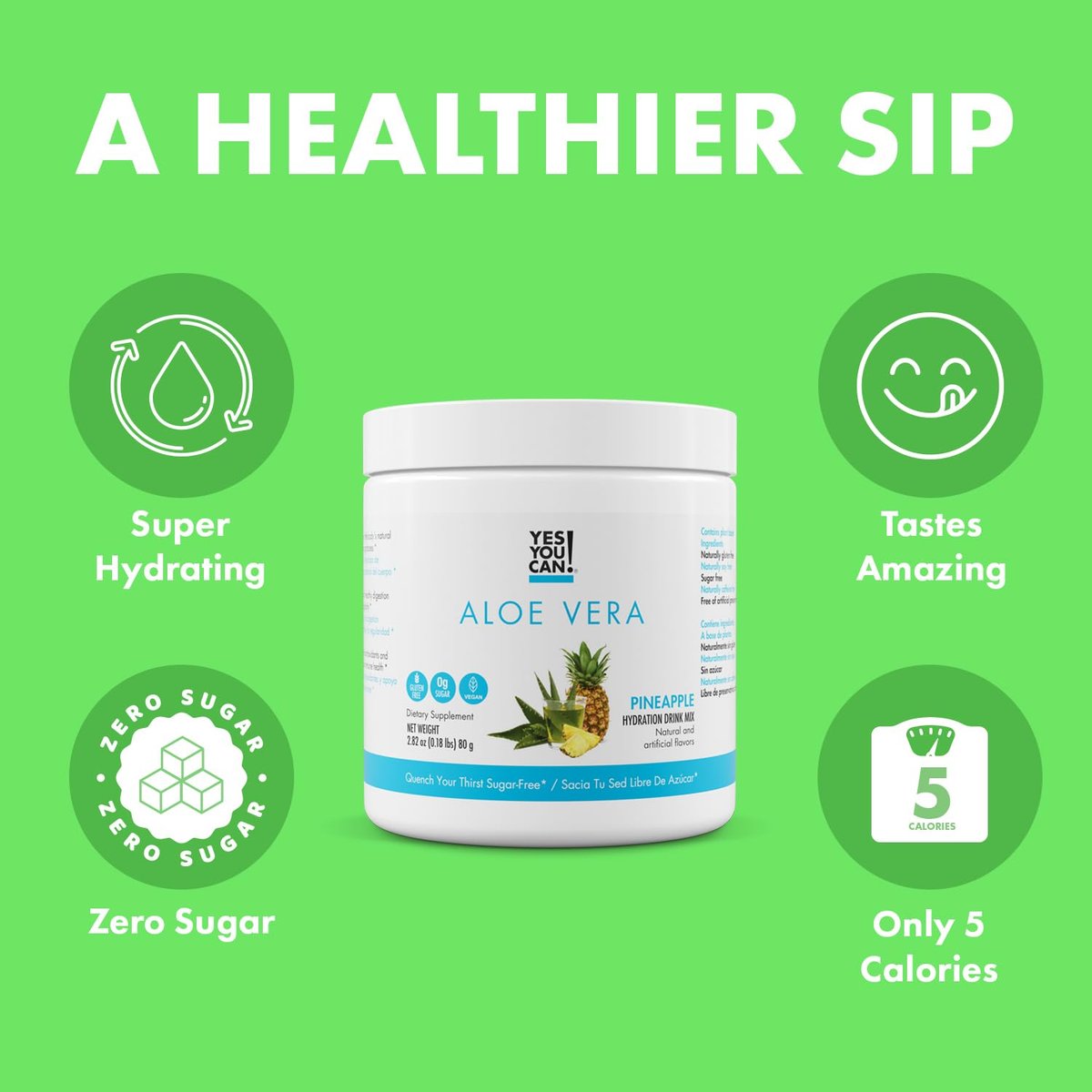 Yes You Can! Aloe Vera Pulvergetränk - Hydrationsbooster mit Bio-Aloe Vera Extrakt - Leckere Ananasgeschmack - 40 Portionen - Hergestellt in USA