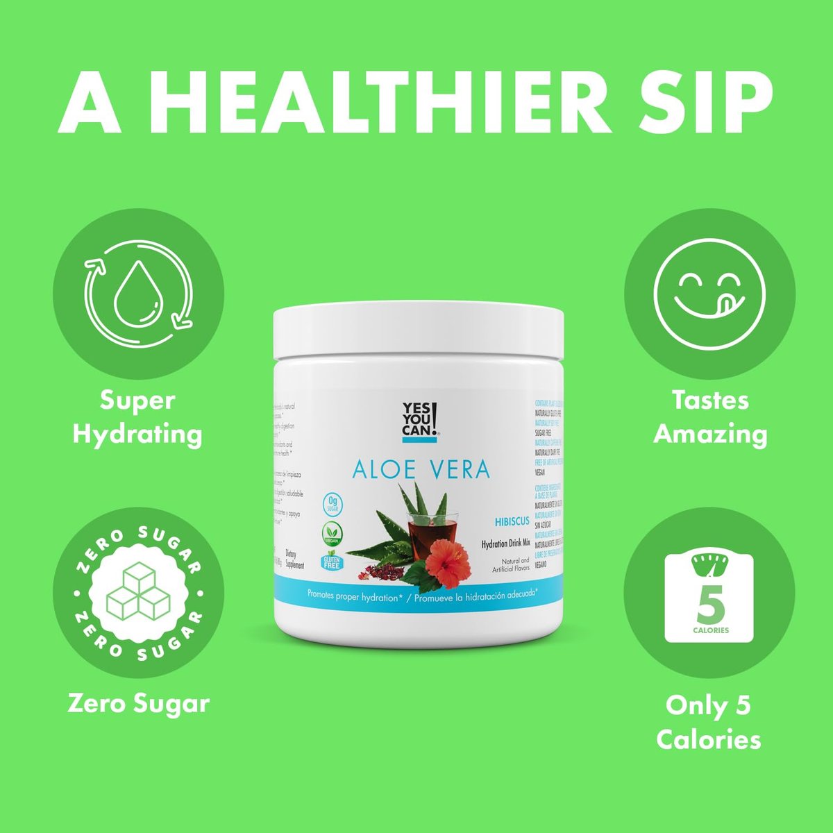 Yes You Can! Aloe Vera Pulvergetränk - Hydrationsbooster mit reinem Bio-Aloe-Vera-Extrakt - Hibiskusgeschmack - 40 Portionen - Hergestellt in den USA
